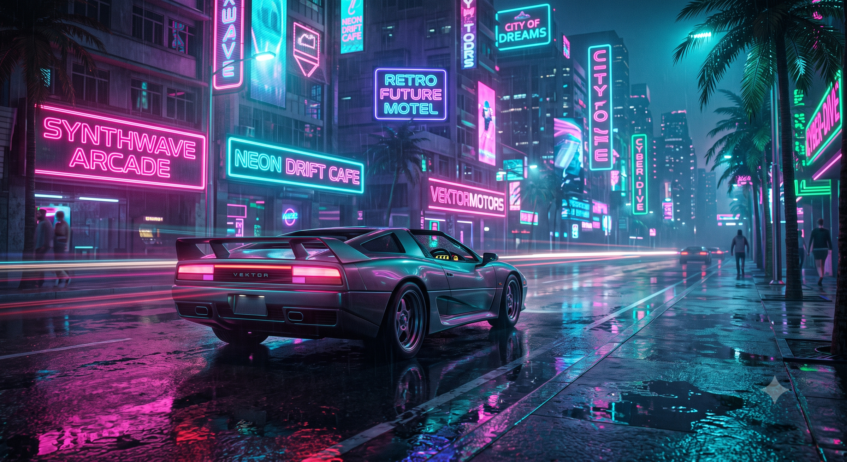 Retro sports car on a rain-slicked neon street — original fan artwork