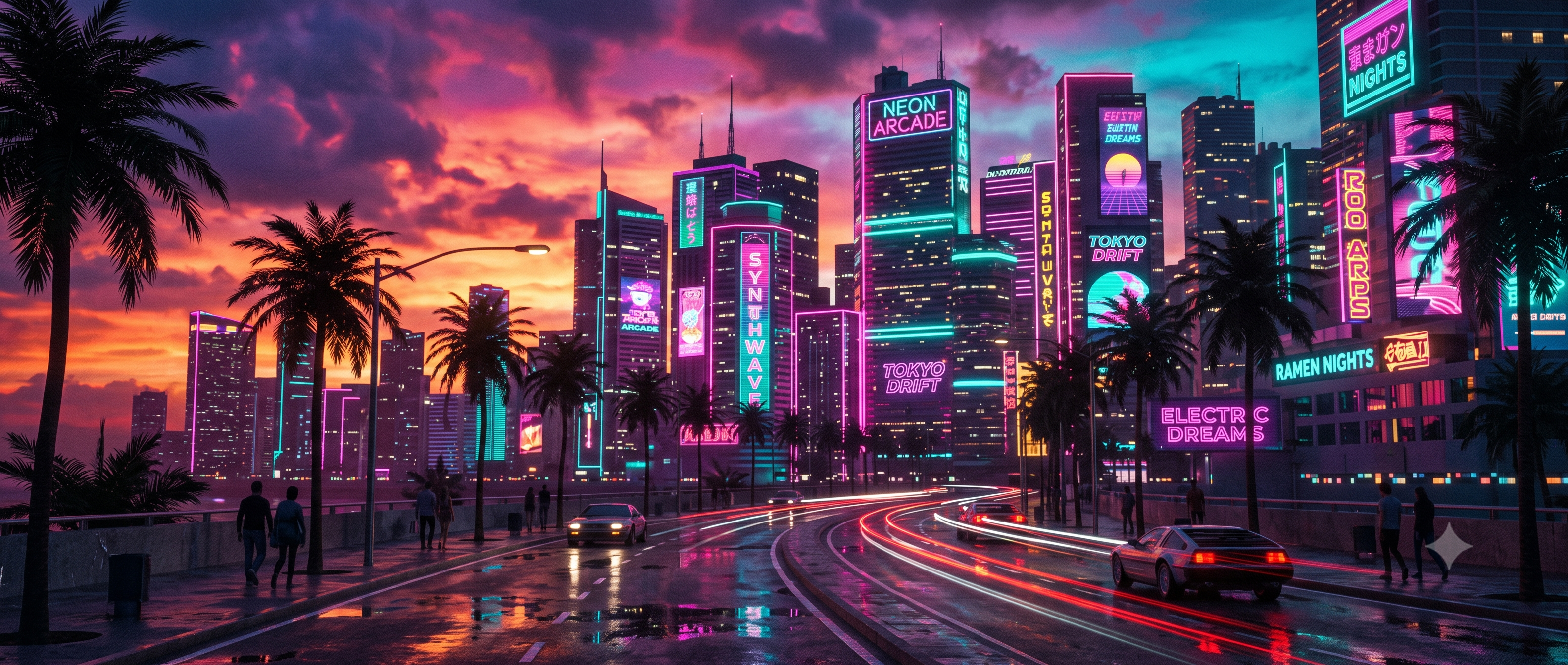Neon-soaked tropical skyline at sunset — original fan artwork